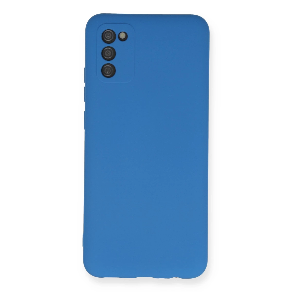 Arkada üç kamera ve flaş bulunan mavi telefon kılıfı.