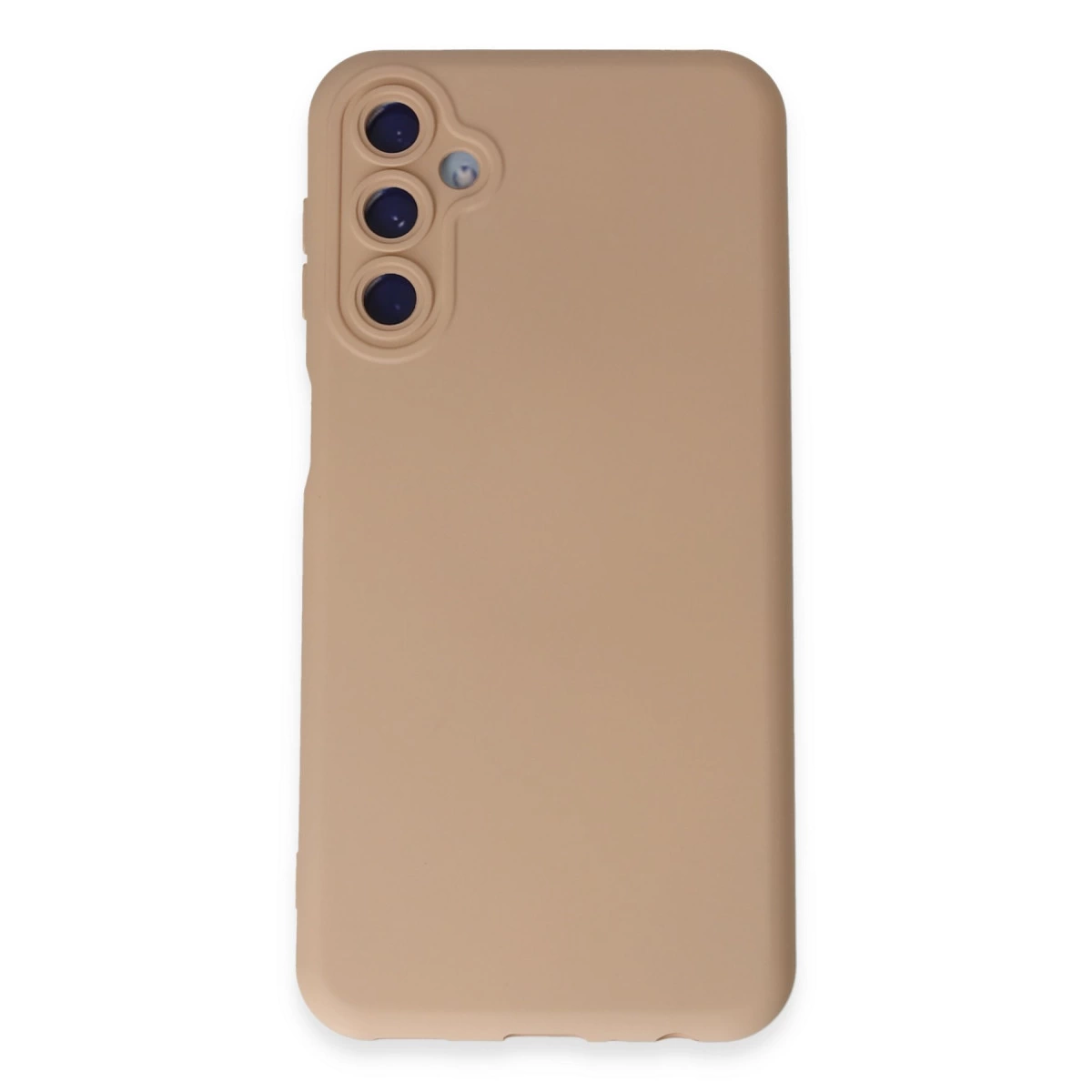 Üç kamera lensli ve flaşlı bej telefon kılıfı.
