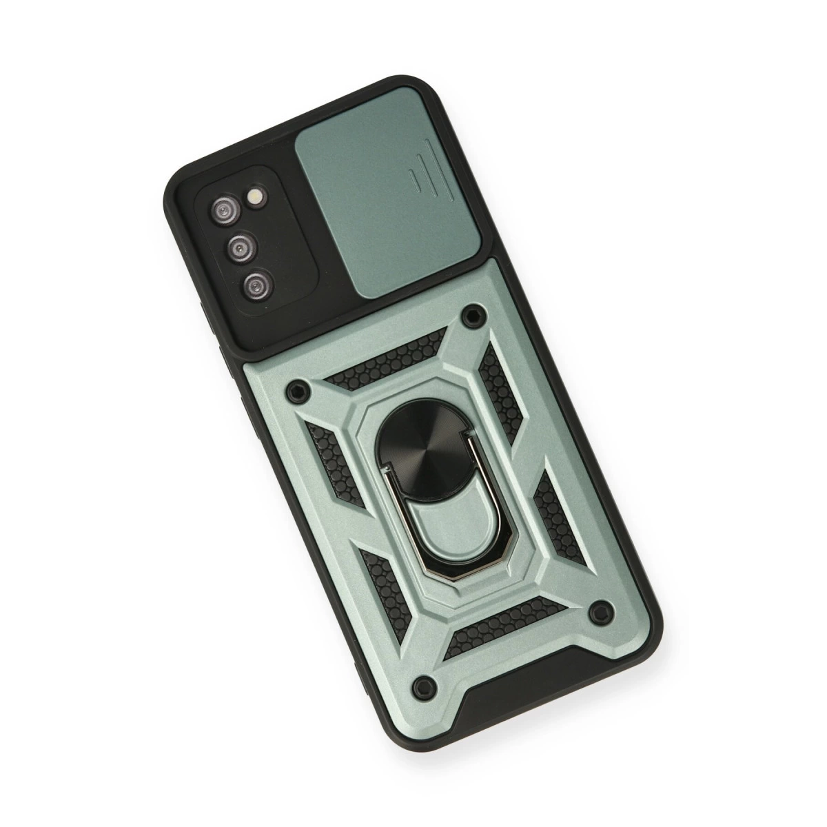 Kamera kapaklı ve halka tutuculu yeşil telefon kılıfı, beyaz arka plan.