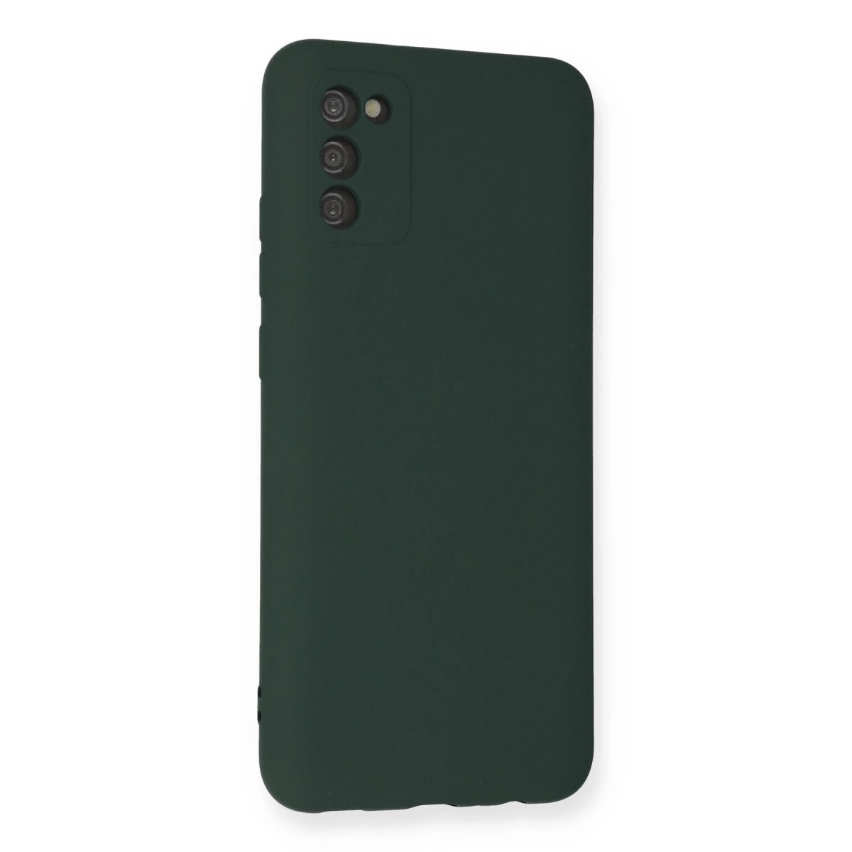 Arkada üç kamera lensli koyu yeşil telefon kılıfı.