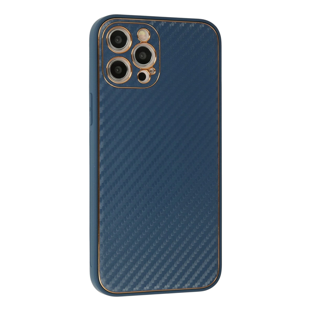 Karbon fiber dokulu, altın çerçeveli lacivert telefon kılıfı.