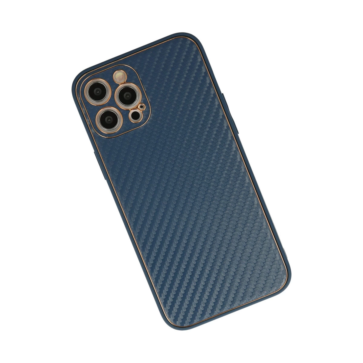 Karbon fiber dokulu, altın kenarlı lacivert telefon kılıfı.