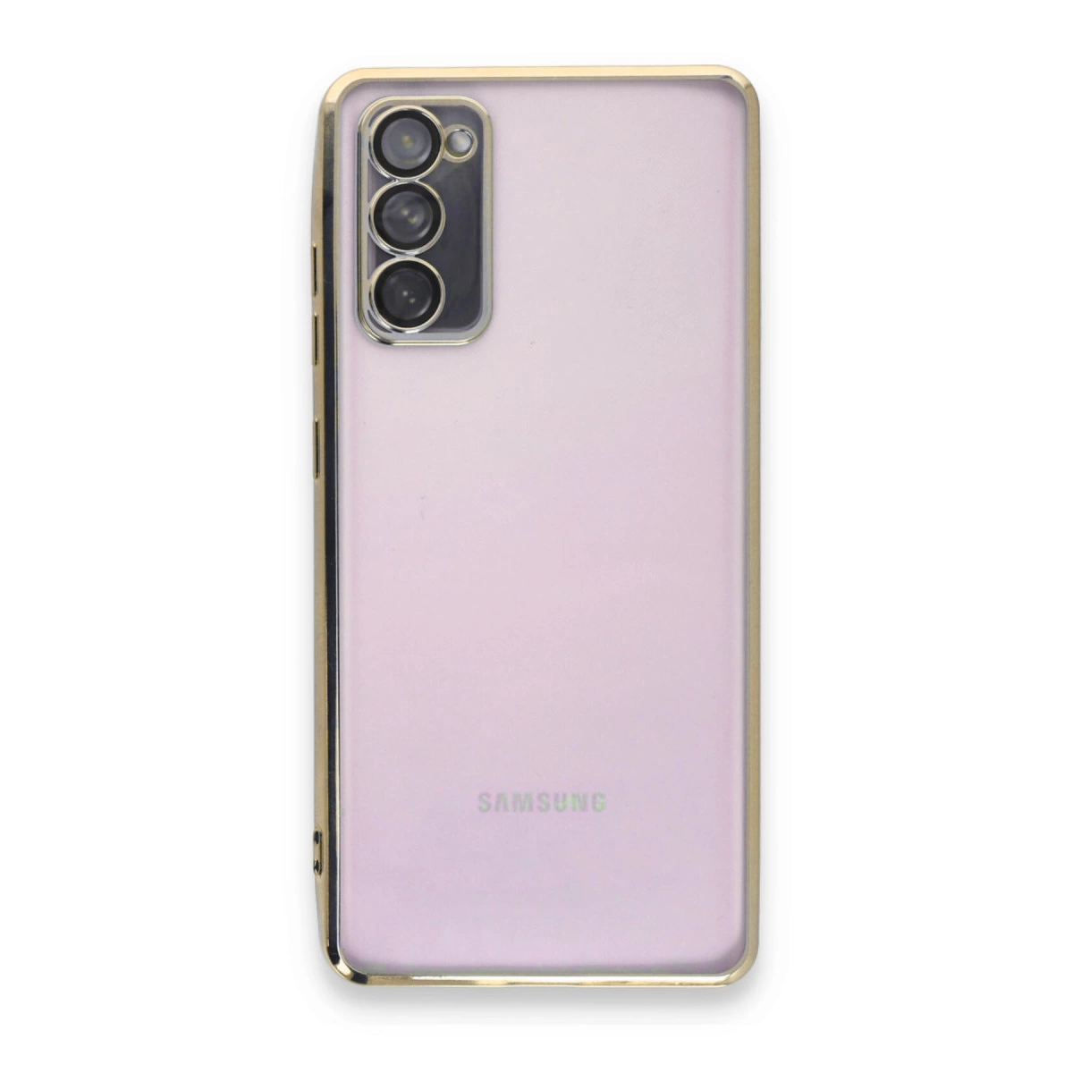 Üç kamera lensli ve altın kenarlıklı pembe Samsung telefonun arka yüzü.