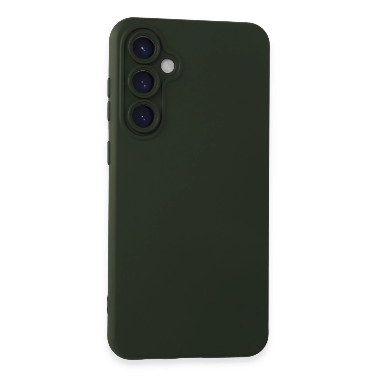 Üç kamera lensli ve flaşlı koyu yeşil telefon kılıfı.