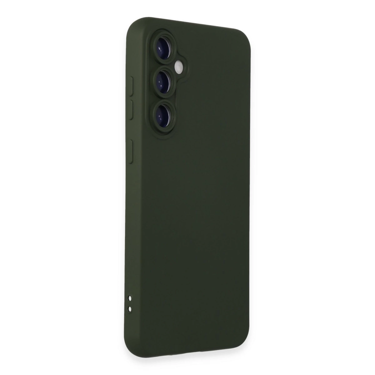 Üç kamera lensli ve yan düğmeli koyu yeşil telefon kılıfı. Minimalist.