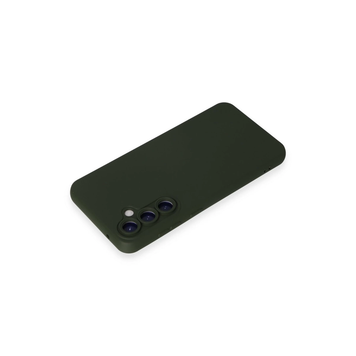 Arkada üç kamera lensli koyu yeşil telefon kılıfı.