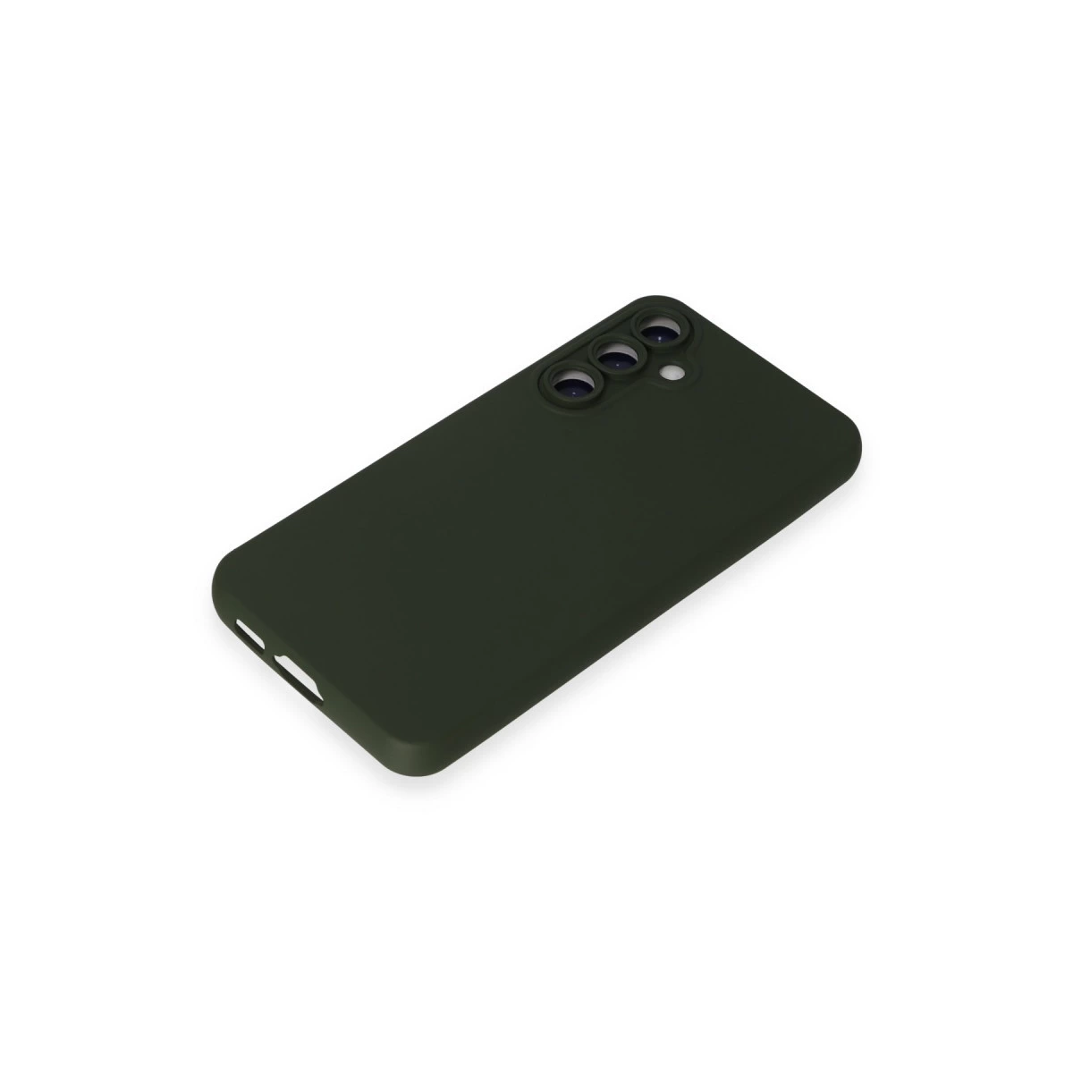 Üç kamera lensli ve flaşlı koyu yeşil telefon kılıfı.
