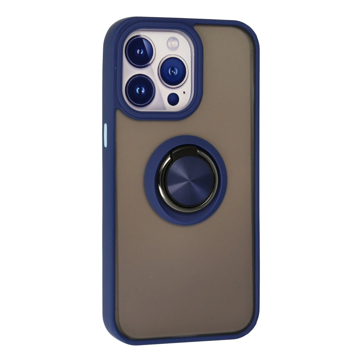 Üç kamera lensli ve halka tutuculu koyu mavi telefon kılıfı.