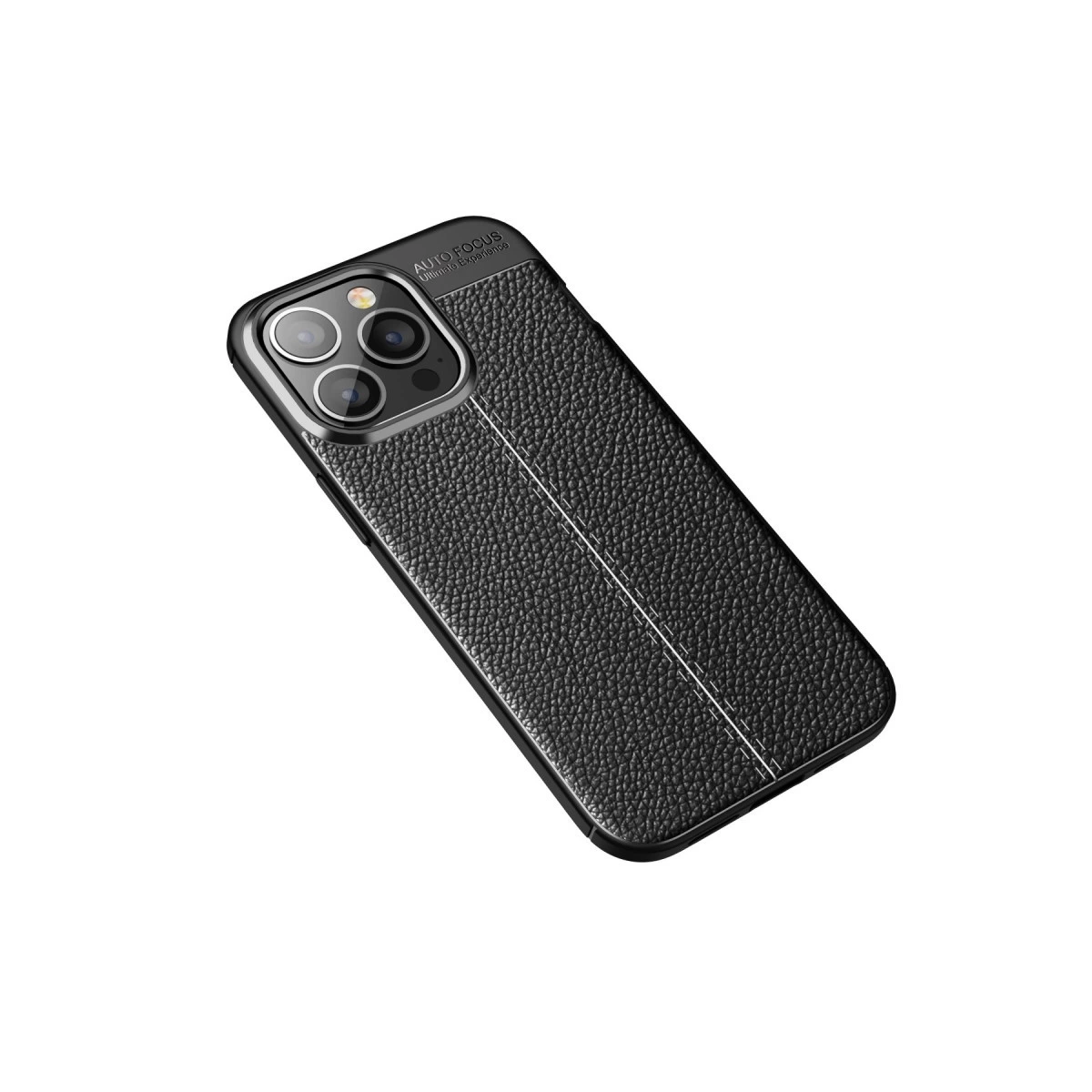 Üç kameralı siyah deri telefon kılıfı.