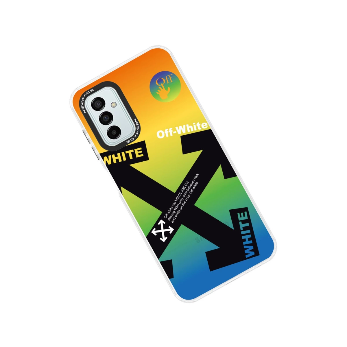 Off-White logosu ve okları olan renkli telefon kılıfı.
