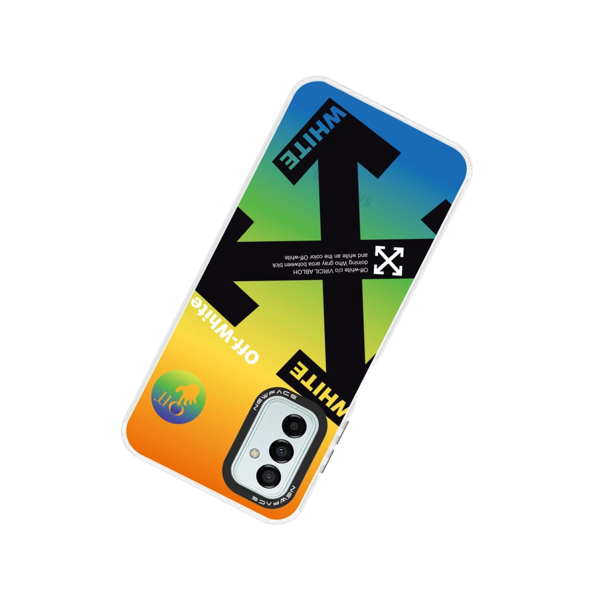 Oklar ve sarıdan maviye gradyanlı telefon kılıfı. Off-White logosu.