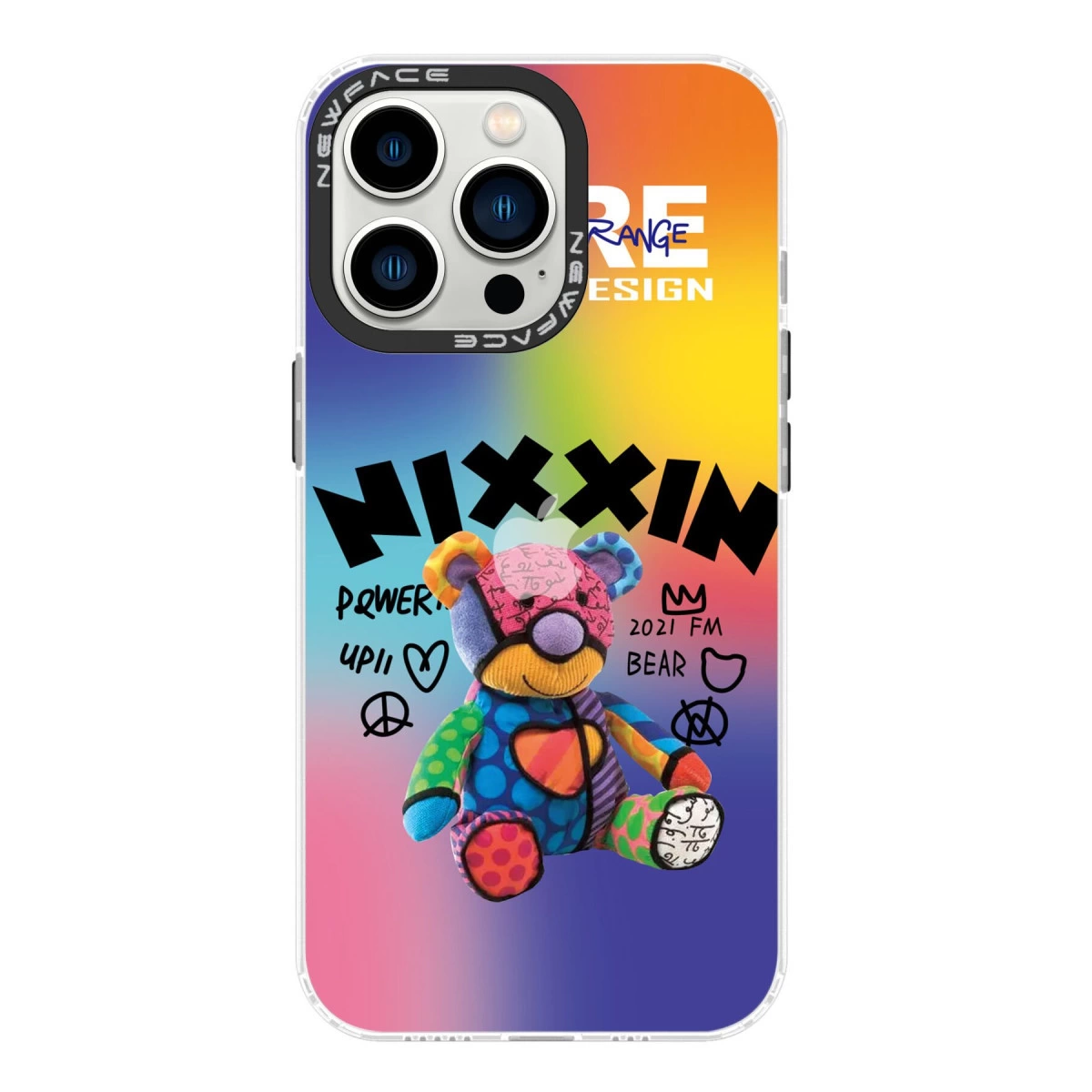 Renkli ayıcık tasarımlı iPhone kılıfı, üzerinde 'NIXXIN' yazısı.