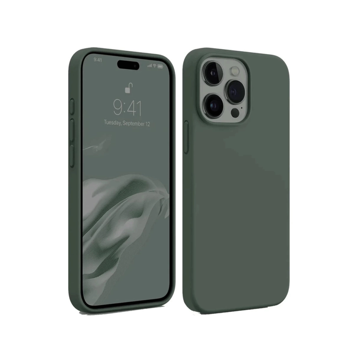 Yeşil bir iPhone kılıf içinde, ön ve arka görünümleri yan yana.