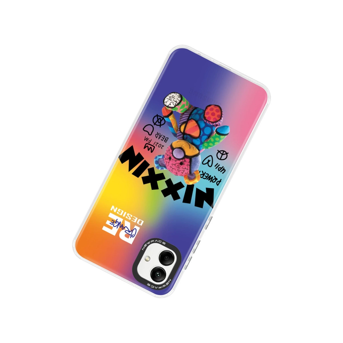 Yazılı degrade telefon kılıfında renkli ayıcık.