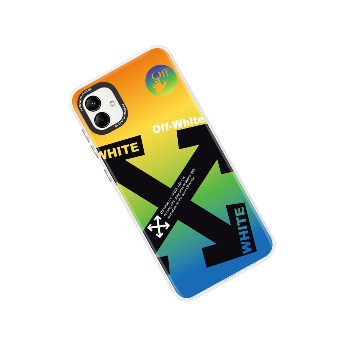 Gradyanlı, Off-White logolu, ok ve metinli iPhone kılıfı.