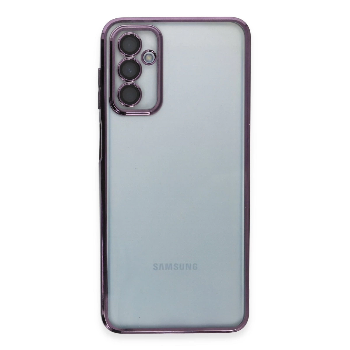 Mor çerçeveli, üç lensli şeffaf Samsung telefonun arka yüzü.