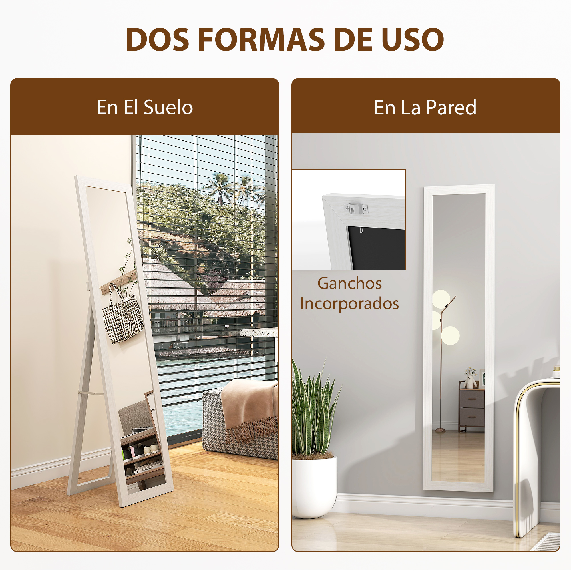 Un espejo de suelo con ganchos junto a un espejo de pared.