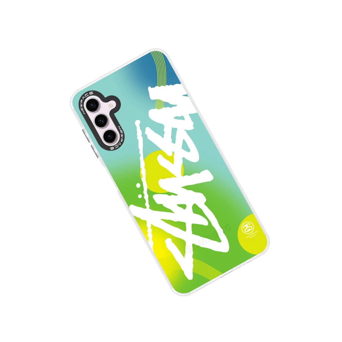 Beyaz yazılı ve mavi-yeşil gradyanlı telefon kılıfı.