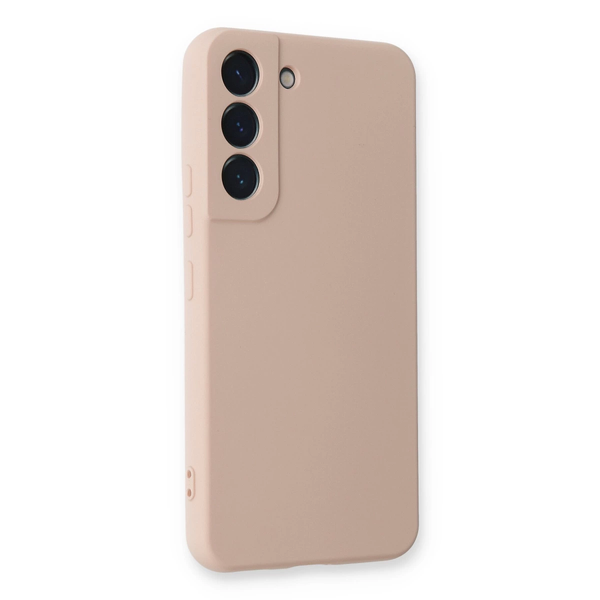 Yuvarlak flaşlı ve üçlü kamera modülüne sahip pembe telefon kılıfı.