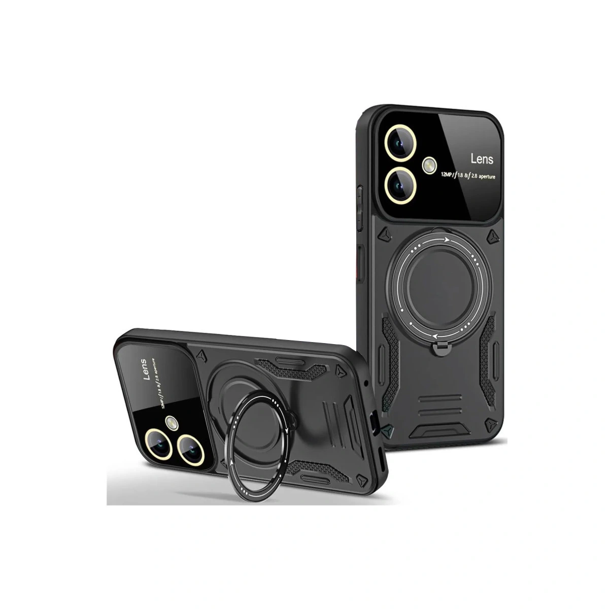 Halka tutuculu ve kamera kesimli iki siyah telefon kılıfı.