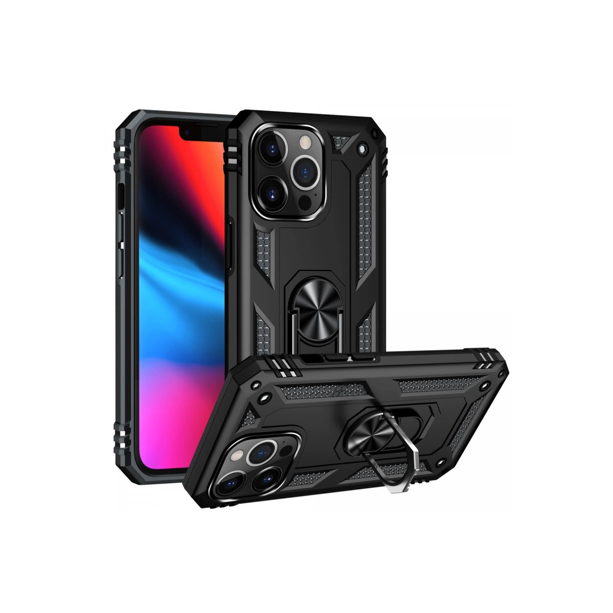 Halka tutuculu ve üç kameralı siyah telefon kılıfı.