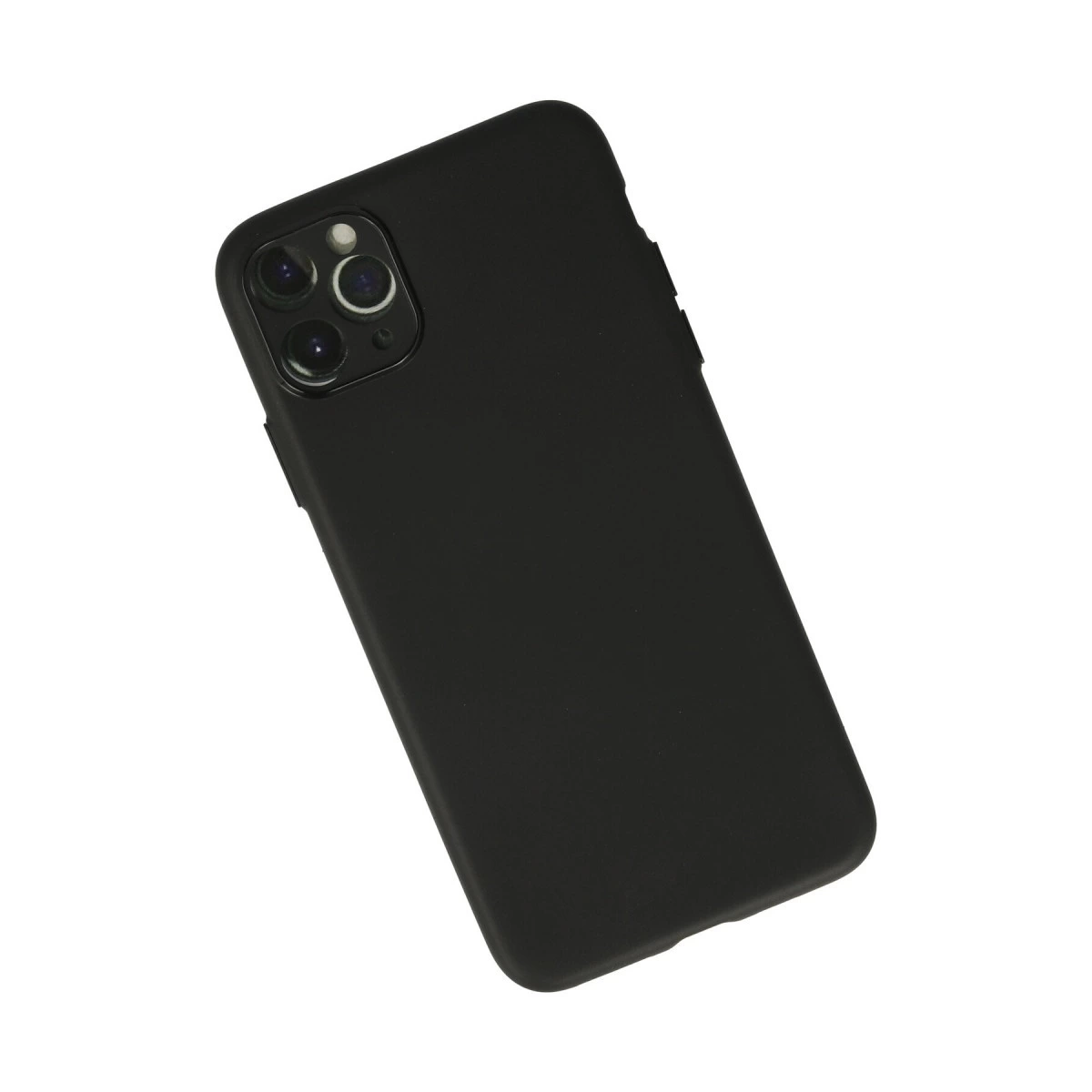 Beyaz arka plan üzerinde üç kamera lensli siyah iPhone.