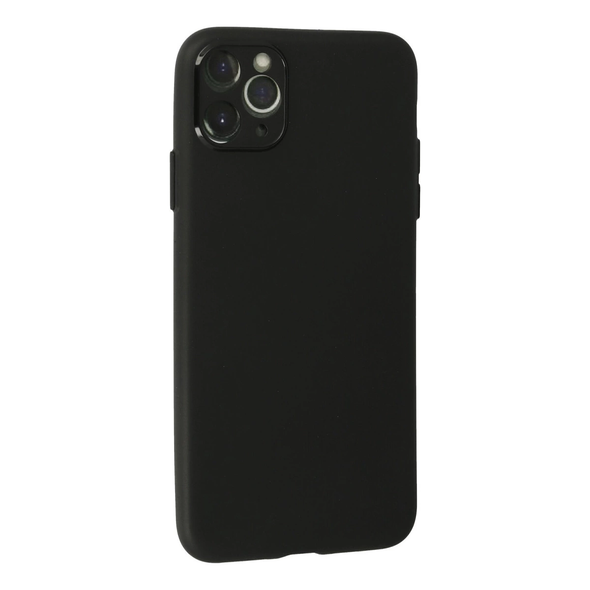 Beyaz arka plan üzerinde üçlü kamera kesimli siyah telefon kılıfı.