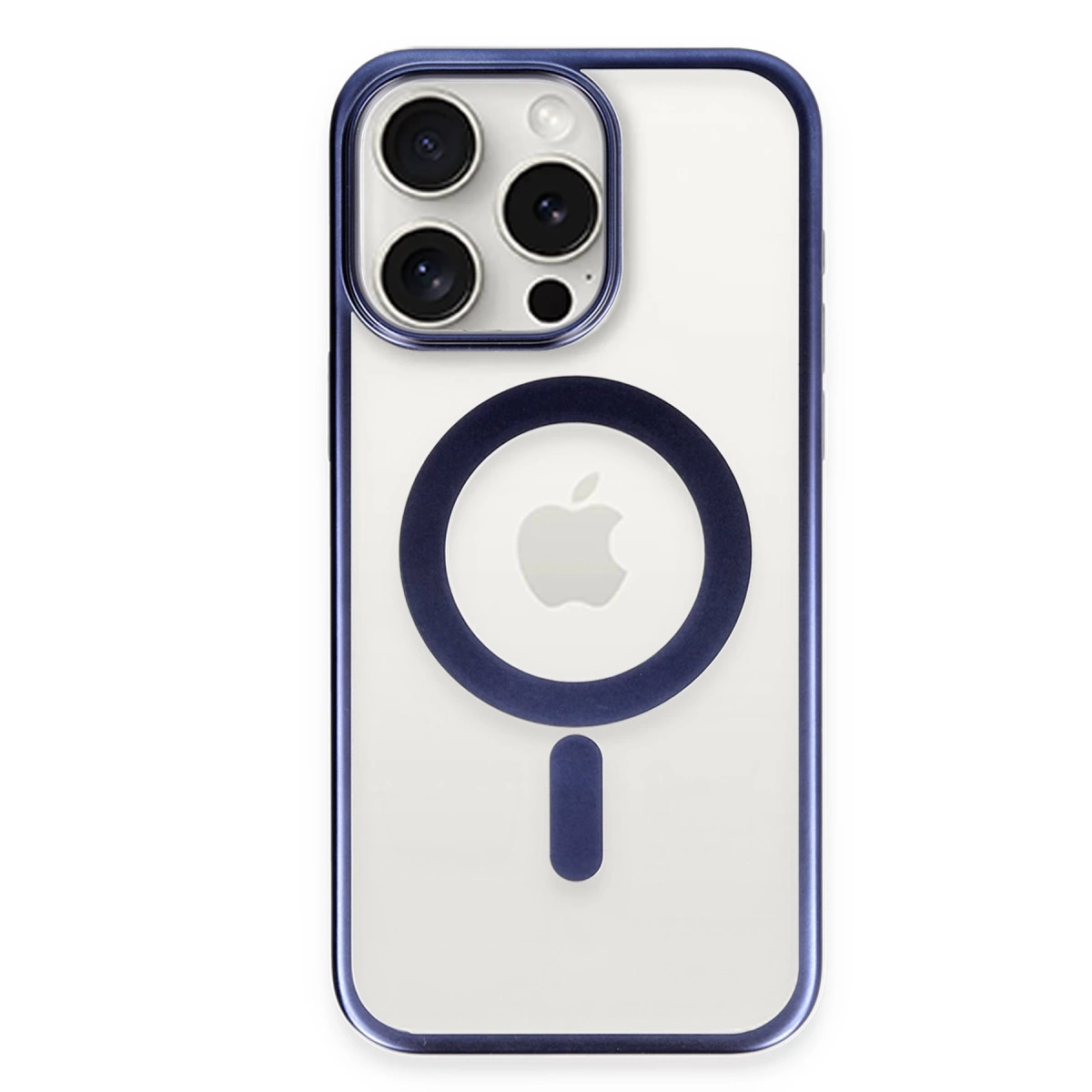 Mavi kenarlı ve kamera modüllü şeffaf iPhone kılıfı.