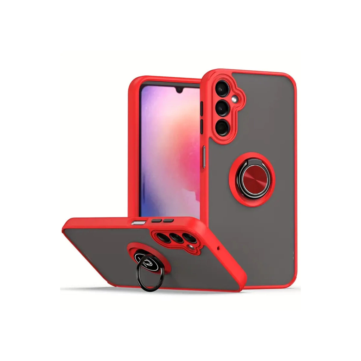 Kırmızı kenarlı ve halka tutuculu gri telefon kılıfı, arkada üç kamera.