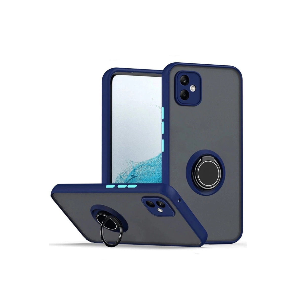 Mavi kenarlı ve halka tutuculu üç koyu gri telefon kılıfı.