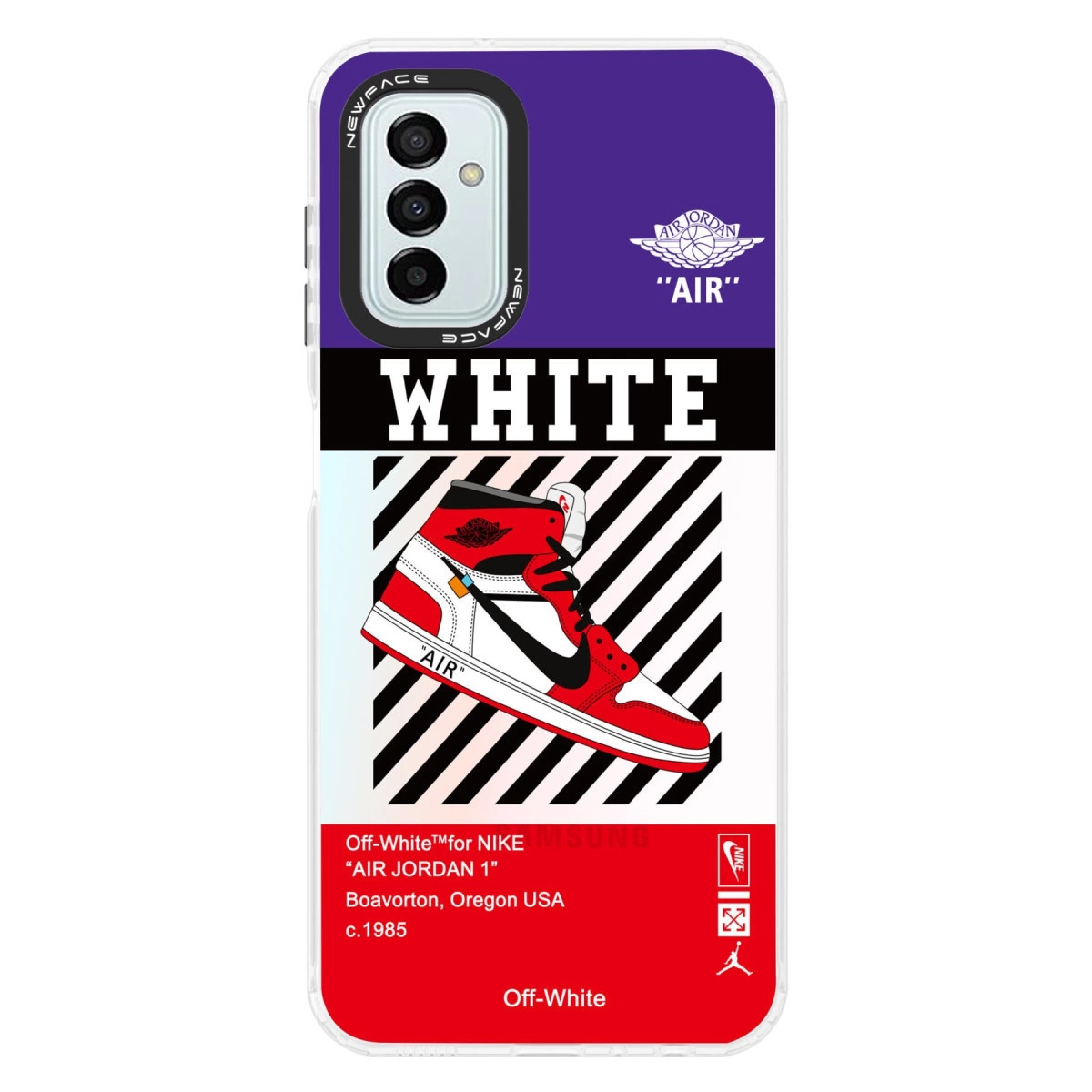 Air Jordan 1 tasarımlı telefon kılıfı, siyah beyaz çizgili, metinli.