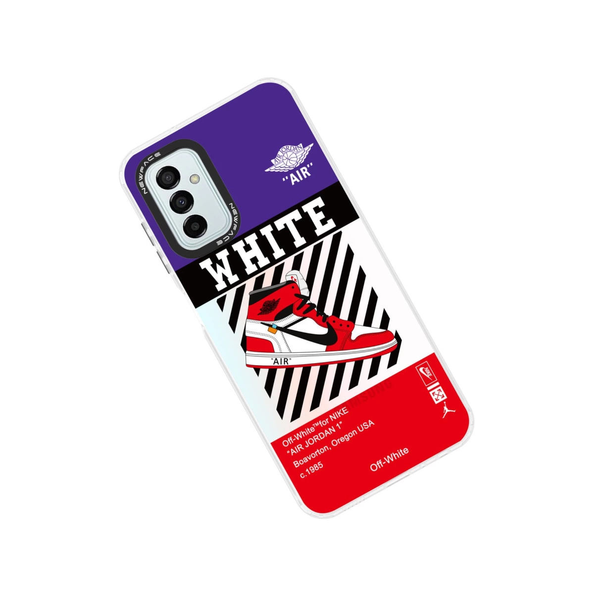 Air Jordan 1 ayakkabı tasarımlı telefon kılıfı, mor ve beyaz.
