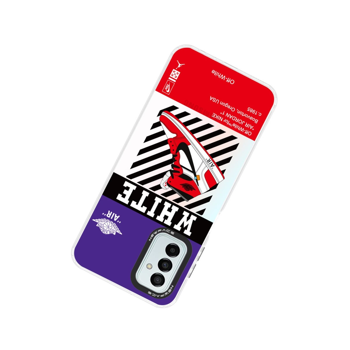 Air Jordan 1 grafikali telefon kilifi, beyaz, kirmizi, siyah ve mor.