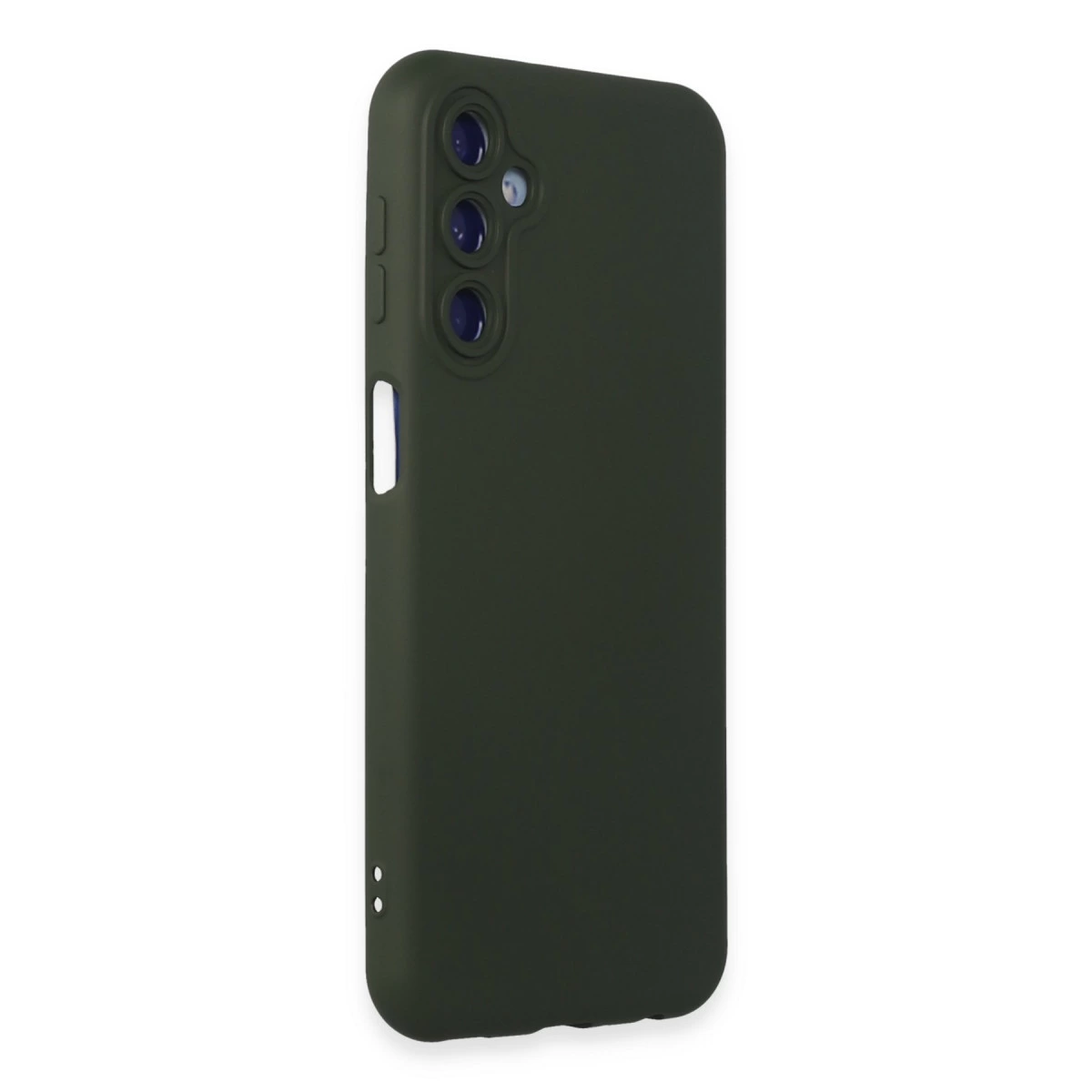 Arkada üç kamera lensi bulunan koyu yeşil telefon kılıfı.