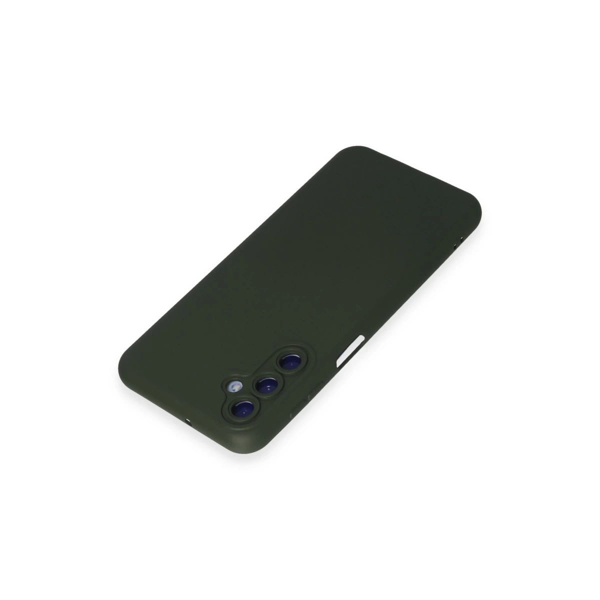 Beyaz arka plan üzerinde üç kamera lensli koyu yeşil telefon kılıfı.