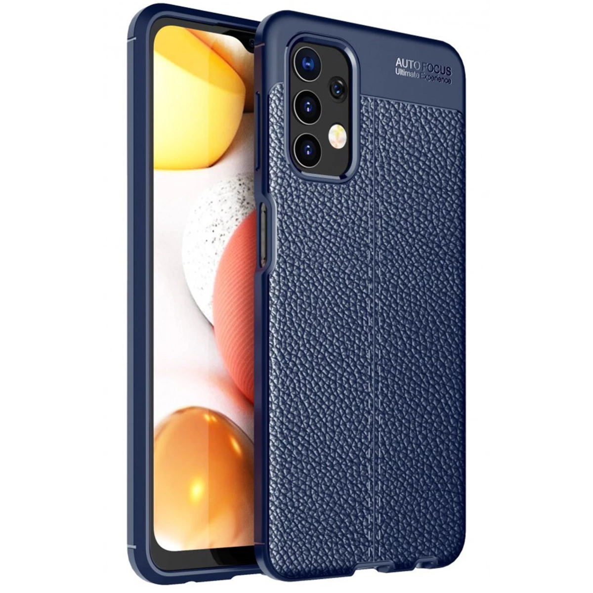 Doku kaplı arka ve kamera açıklığına sahip lacivert telefon kılıfı.