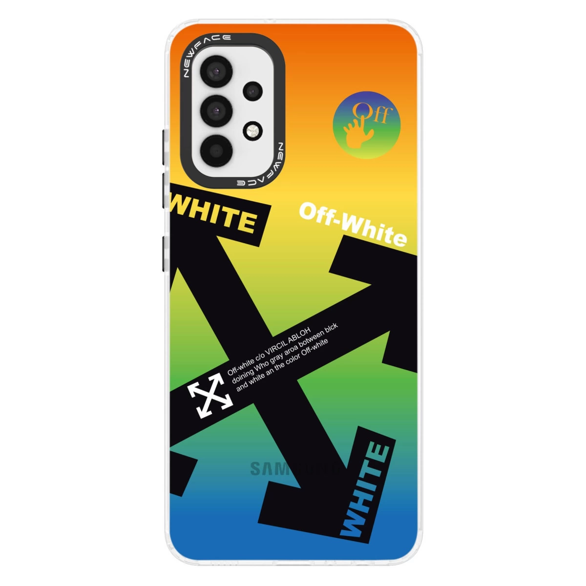 Turuncudan maviye ombre degrade, Off-White logosu ve okları olan telefon kılıfı.