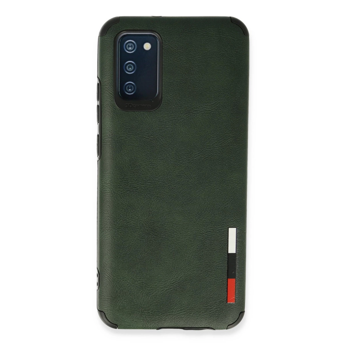 Üç kameralı, çizgili koyu yeşil telefon kılıfı.