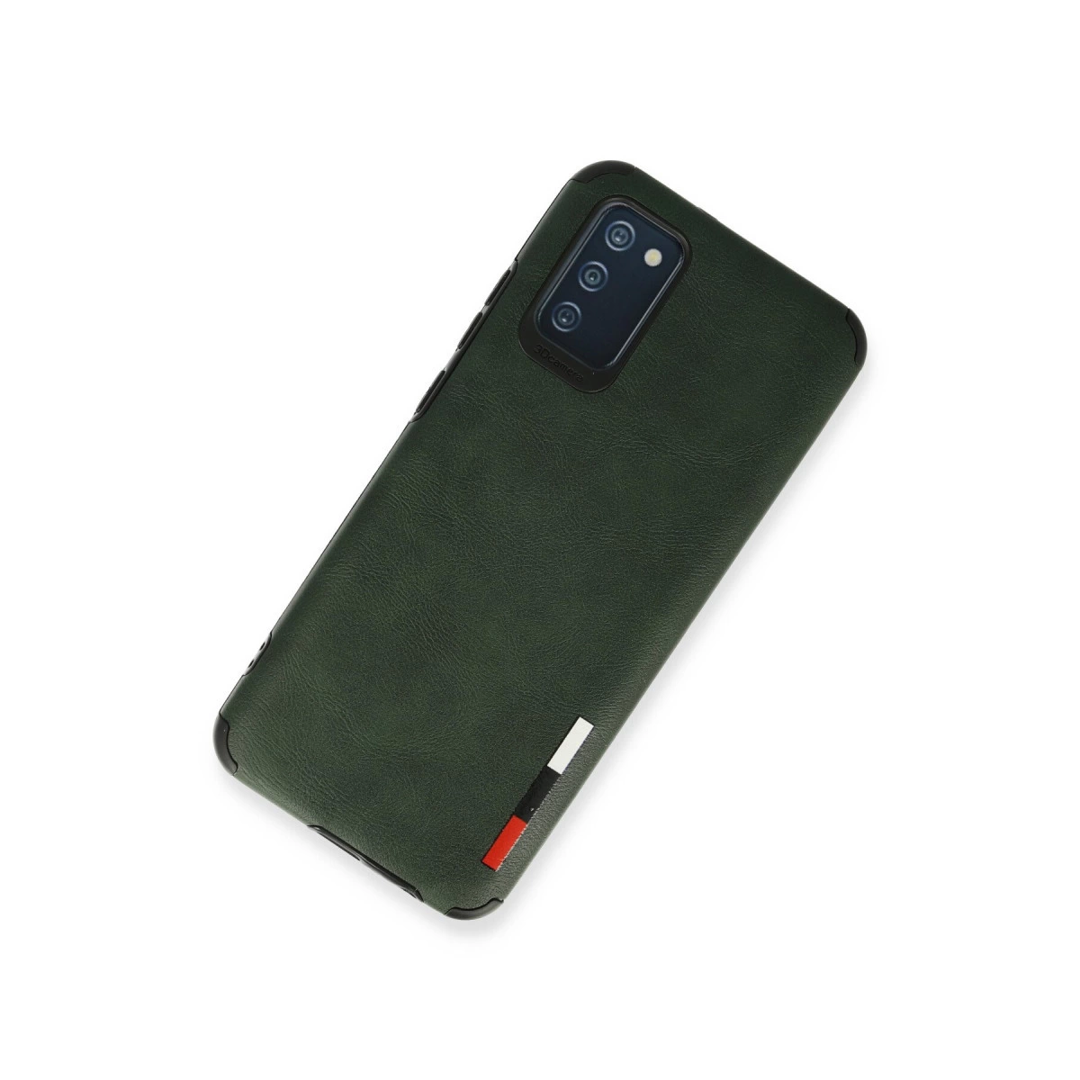 Kamera sistemli ve şerit detaylı koyu yeşil telefon kılıfı.