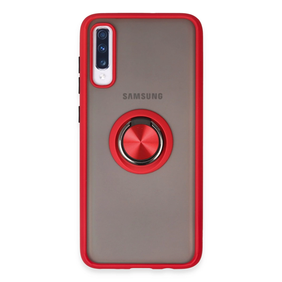 Kırmızı kenarlı şeffaf kılıf, Samsung logosu ve kırmızı halka tutucu.
