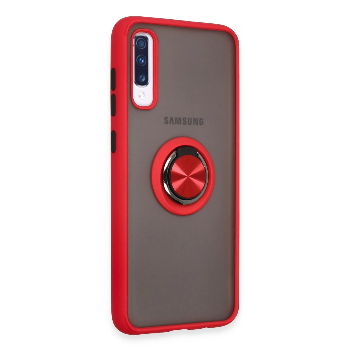 Gri arka plan üzerinde Samsung logosu ve kırmızı halka tutuculu kırmızı kılıf.