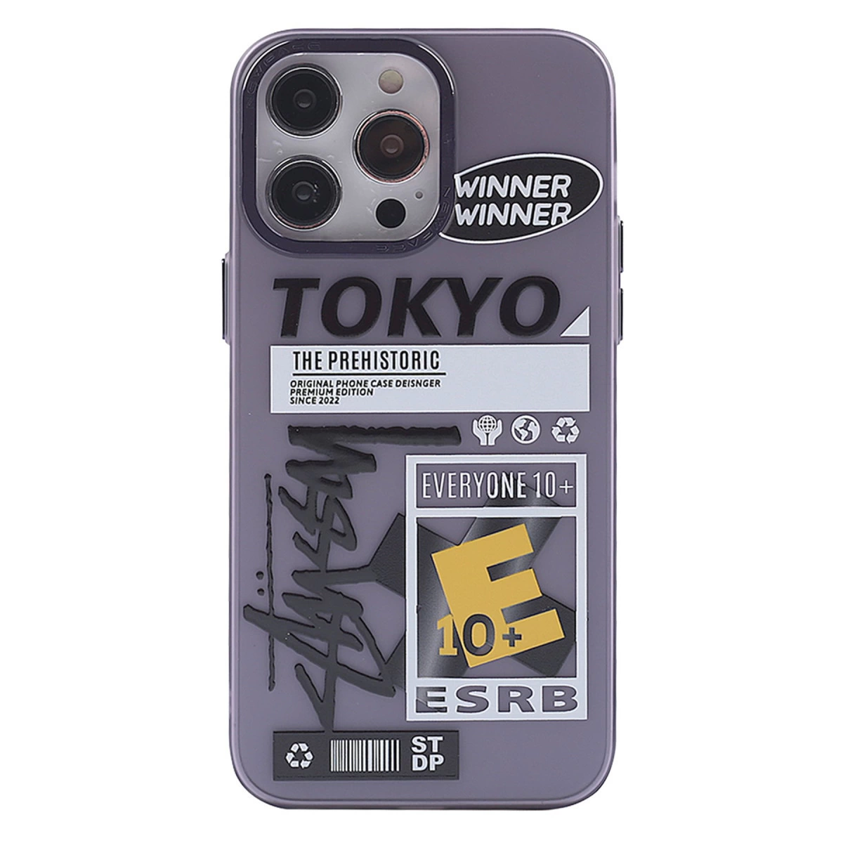 Tokyo The Prehistoric yazılı mor telefon kılıfı, kazanan logoları ve ESRB derecelendirmesi.