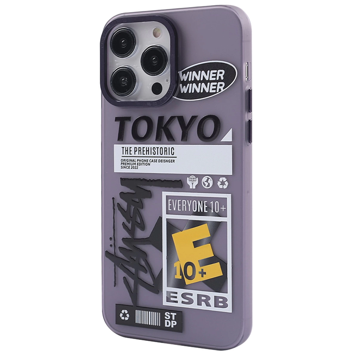 Üzerinde "TOKYO", "WINNER WINNER" ve "ESRB" derecelendirmesi bulunan mor telefon kılıfı.