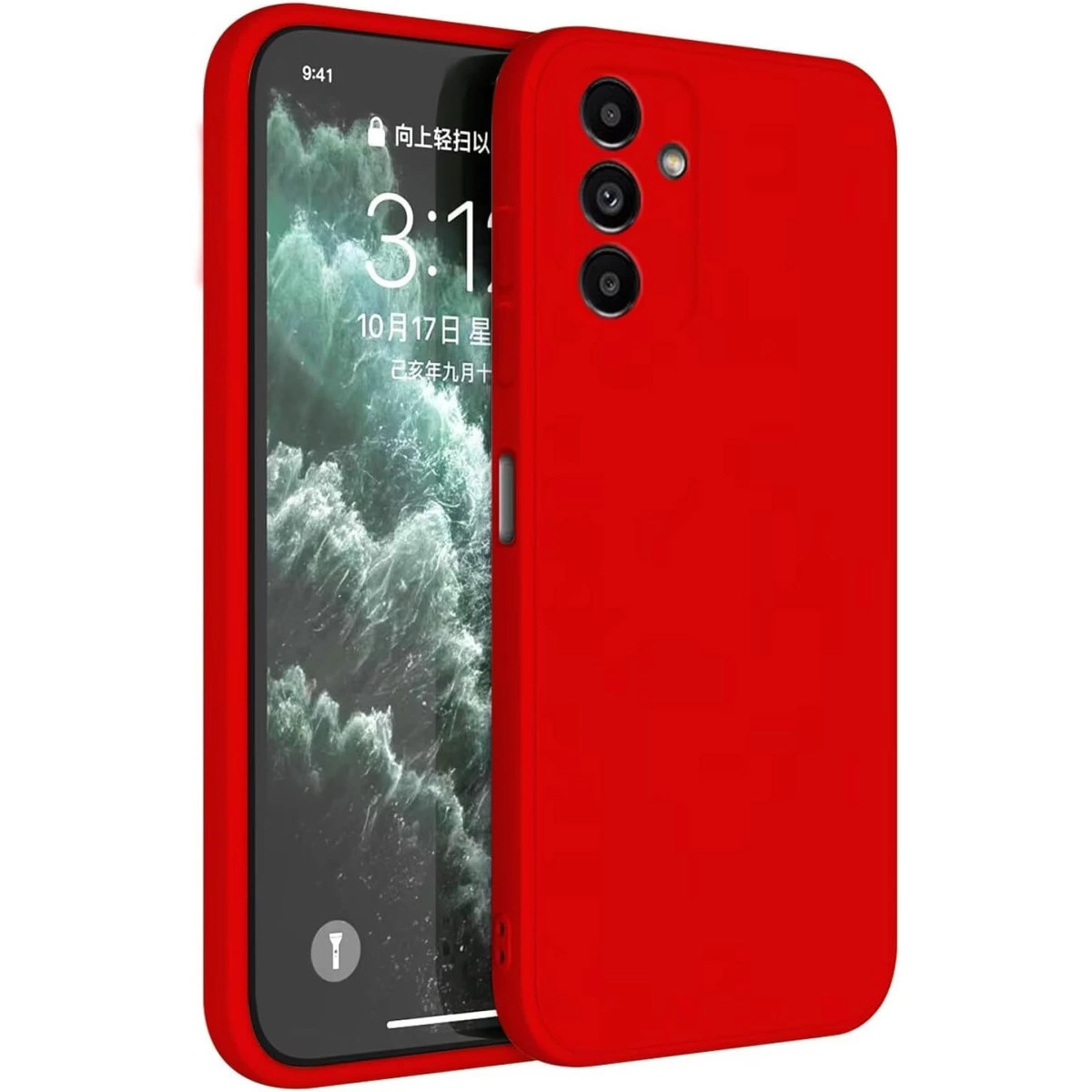 Üç kameralı kırmızı telefon ve dalga ekran koruyucu.