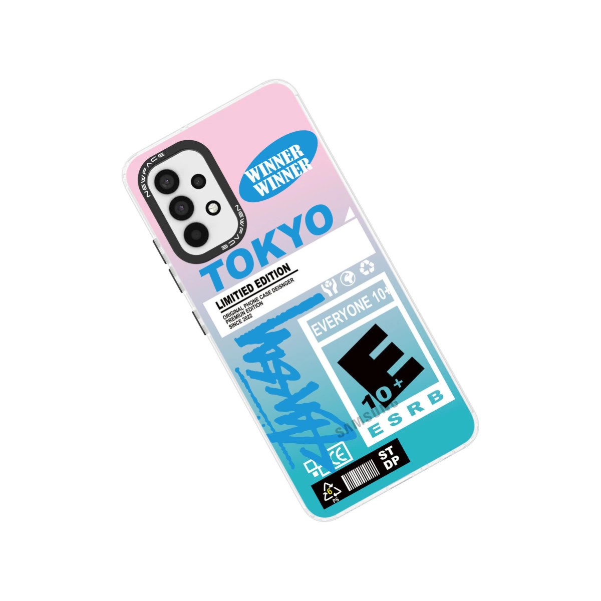 Tokyo tasarımlı, pembe/mavi, kamera kesimli ve ESRB dereceli telefon kılıfı.