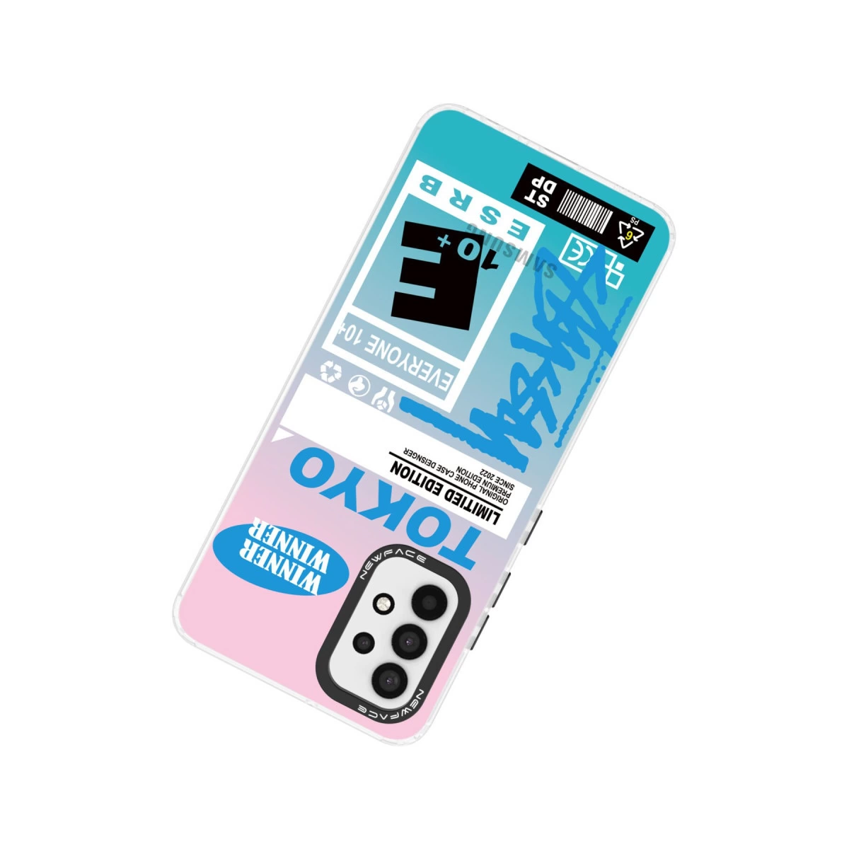 TOKYO yazılı telefon kılıfı, pembe/mavi degrade, kamera ve logo.