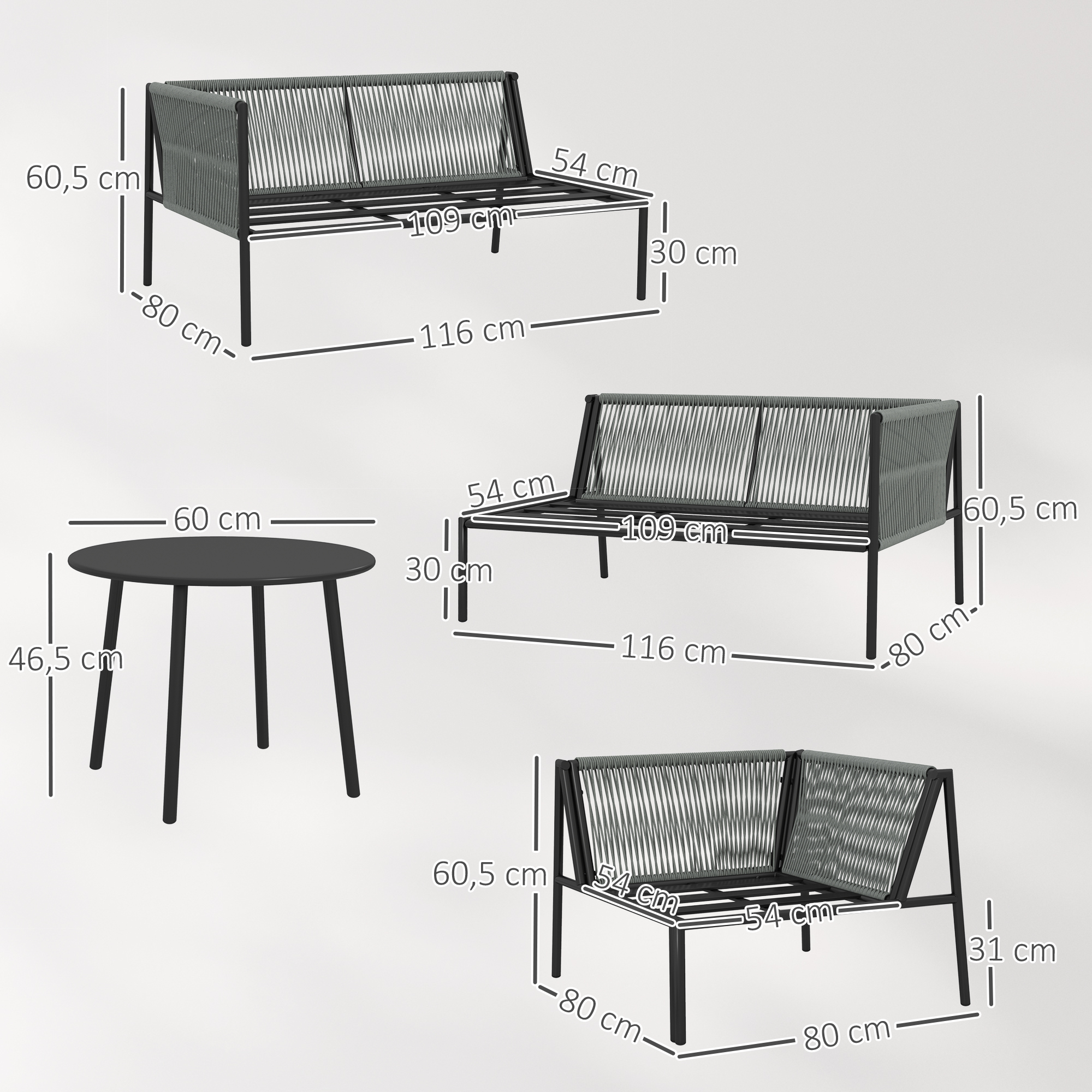 Muebles de exterior con medidas: mesa 60x46,5cm, sofá de dos plazas y rincón.