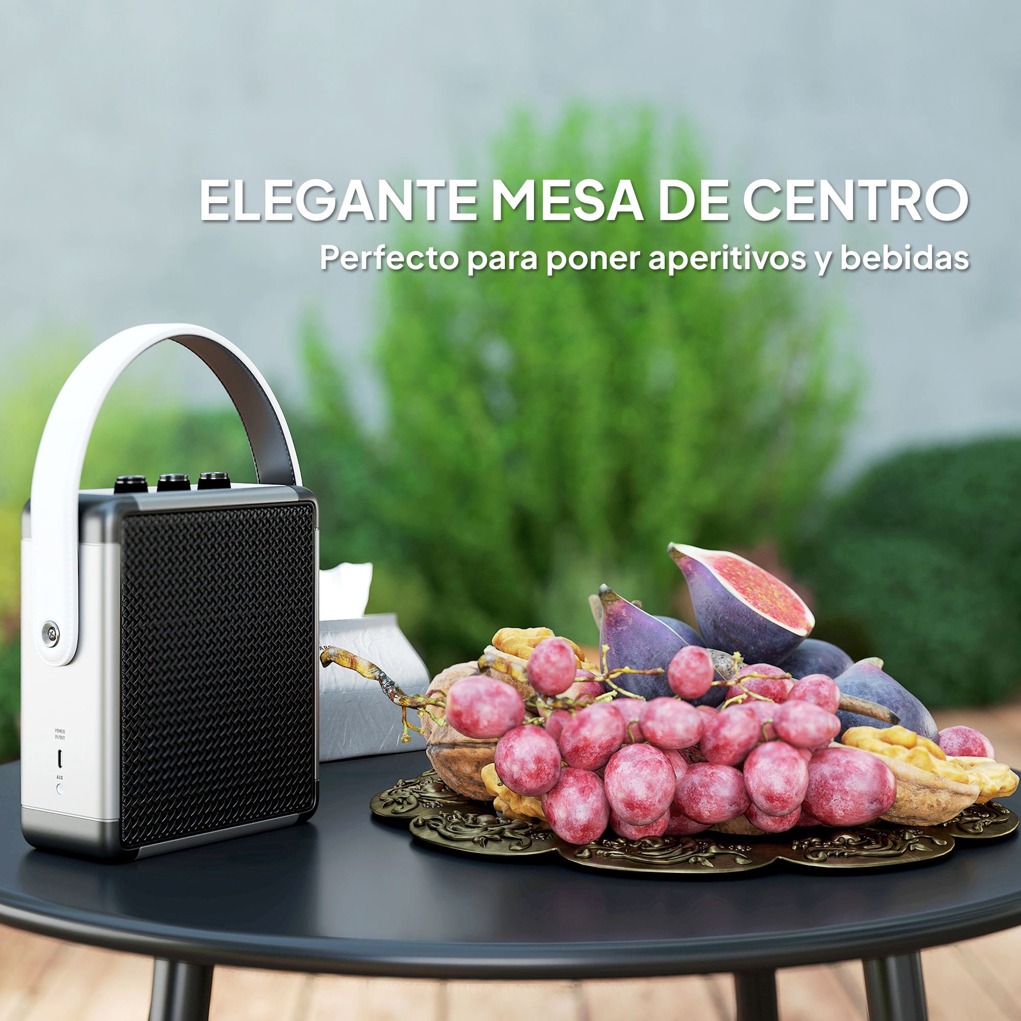 Un altavoz blanco junto a un cuenco de uvas, higos y frutos secos.