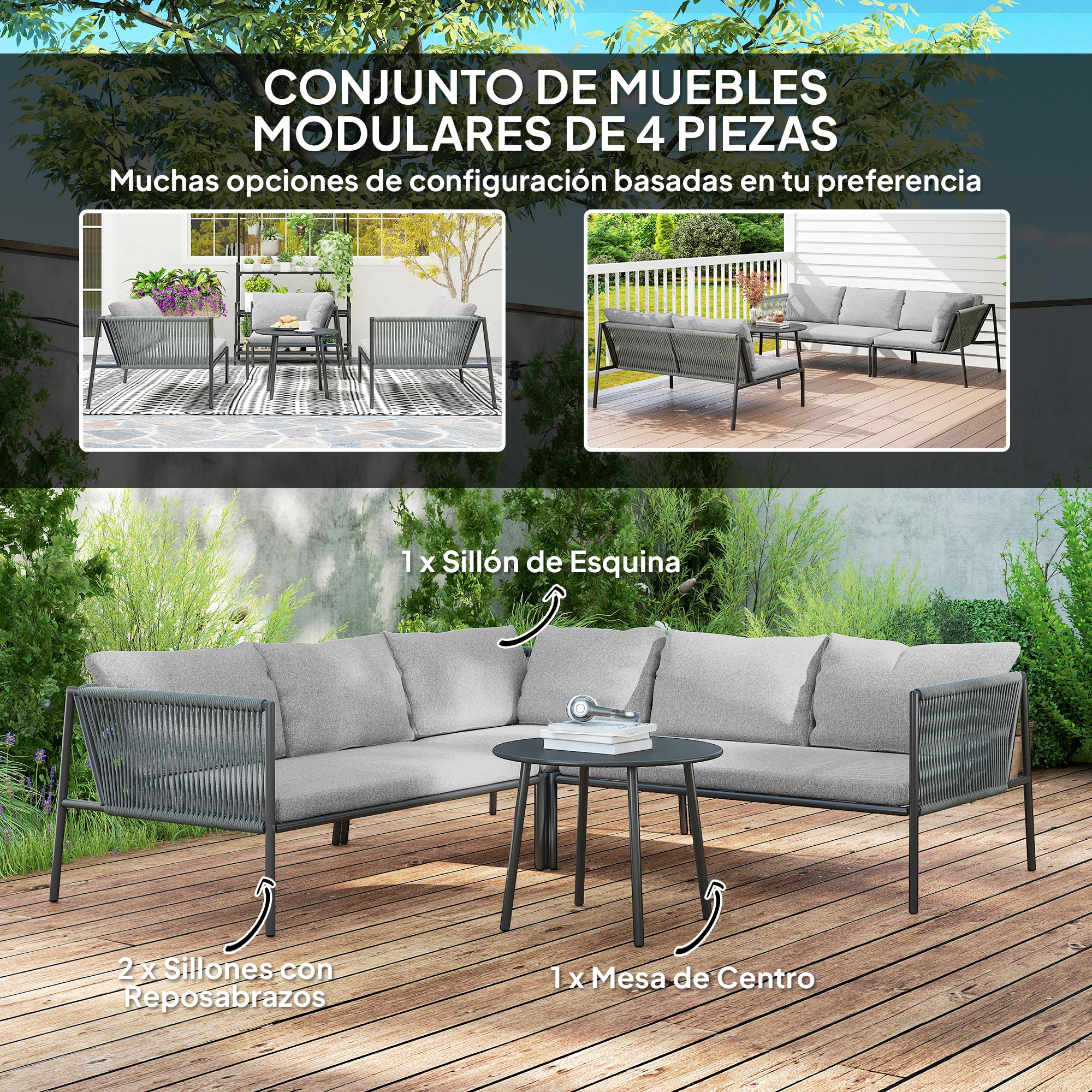 Muebles modulares grises con mesa de centro en terraza de madera.