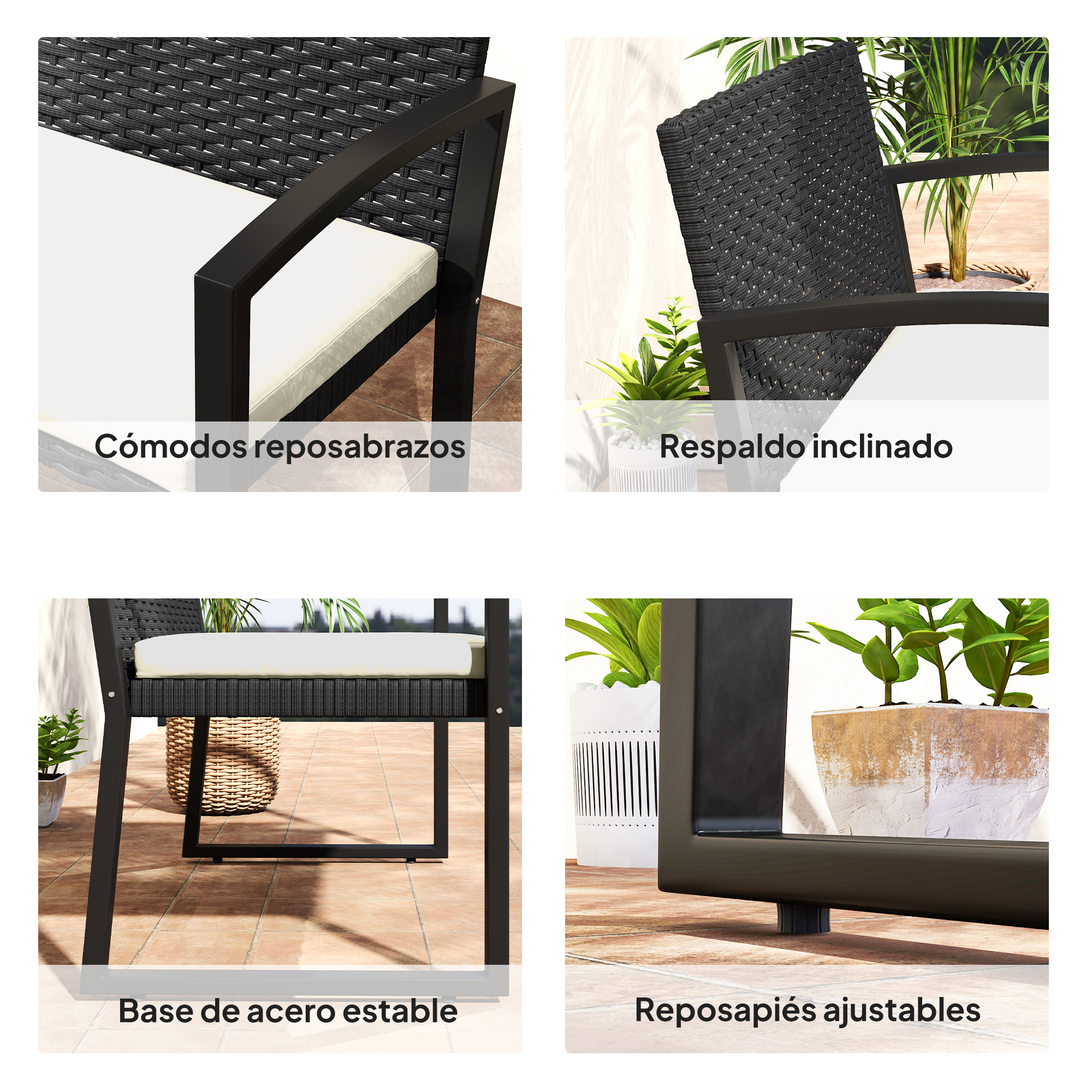 Cuatro imágenes muestran detalles de una silla negra de mimbre con cojines.